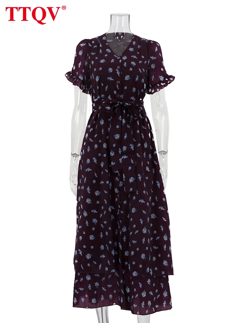 TTQV Summer Loose Print Women's Dress 2026 Fashion V-Neck Short Sleeve Ankle Length Dresses Elegant Classic Lace-Up Female Dress