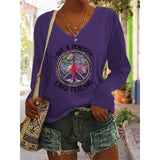 ilstile Women's Hippie Letter Print T-Shirts Retro Casual Loose Long Sleeve V Neck Tops Black Blue Green Tees Hot Sale