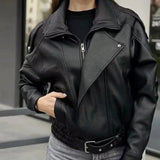 French-style women's fashion leather jacket, versatile litchi-textured vintage loose leather coat