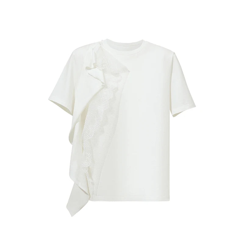 Amii Women's T-Shirt 2026 Summer New Round Neck Ruffle Hem Cotton Tee Lace Trim Short Sleeve Loose Fit Top For Women 12642012