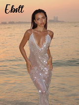 Sequins Lace Splicing Dress Women's Sexy V-veck Shiny Sleeveless Backless Sling Dresses 2026 Spring Summer New Ladies Beach Robe