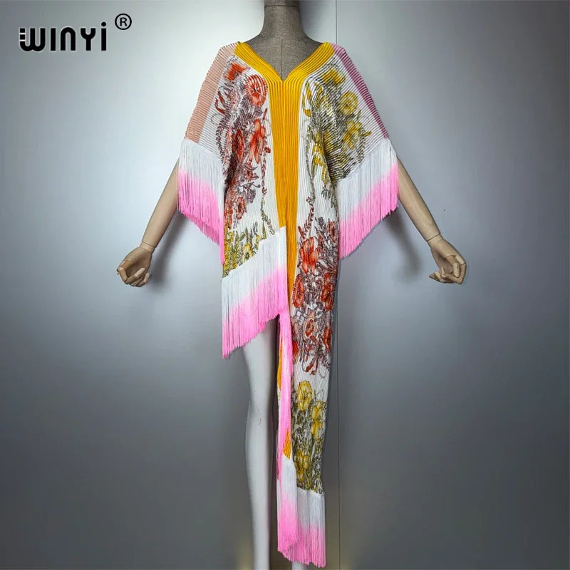 WINYI Women's Boho Maxi Kaftan Dress Africa Style Elegant Pleated Beach Cover-Up Elastic Luxury Party Evening Dubai Abaya