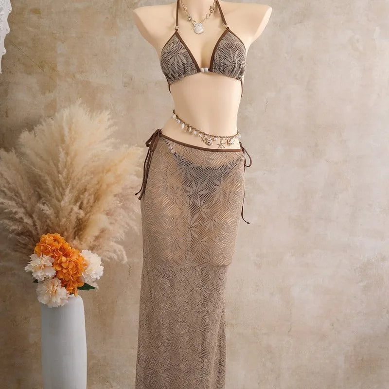 women sexy split lace bikini three piece set with long skirt triangle hollow out small chest push up beach vacation swimwear