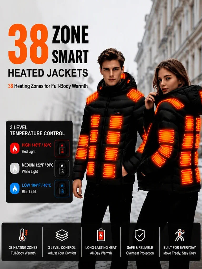 Men's Intelligent Heating Jacket 39 Heating Zones Four Temperature Control Settings Outdoor Cold Resistance Winter Hat Included (Battery Not Included)
