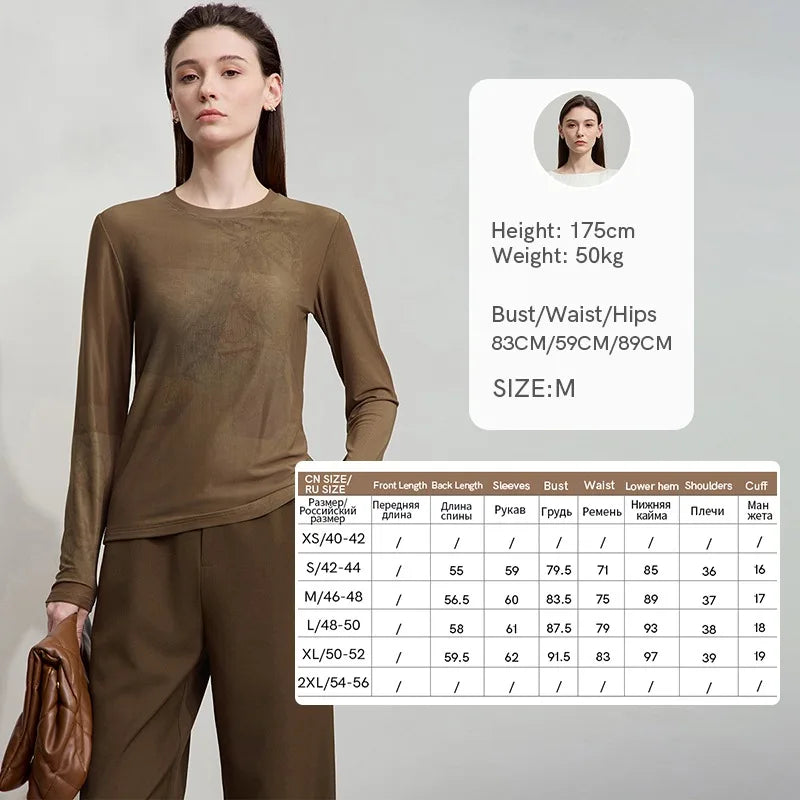 AMII Minimalist Women's Long Sleeve T-Shirt for Woman 2025 Autumn Round Neck Abstract Print Mesh Tees Casual Slim Tops 12513002