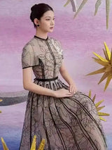 DEAT Elegant Dress O-neck Embroidery Gauze Patchwork A-line Solid Women's Evening Party Dresses 2026 Spring New Fashion 35Z927