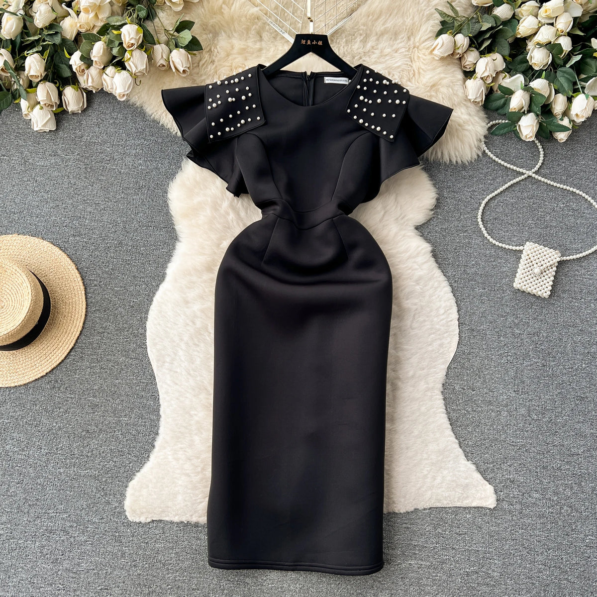 Ele Retro Beaded round Ne Svel Dr Women's Waist Cinching Slimming High End Feeling Aosphere Long Dr