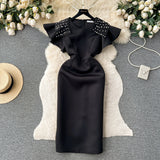 Ele Retro Beaded round Ne Svel Dr Women's Waist Cinching Slimming High End Feeling Aosphere Long Dr