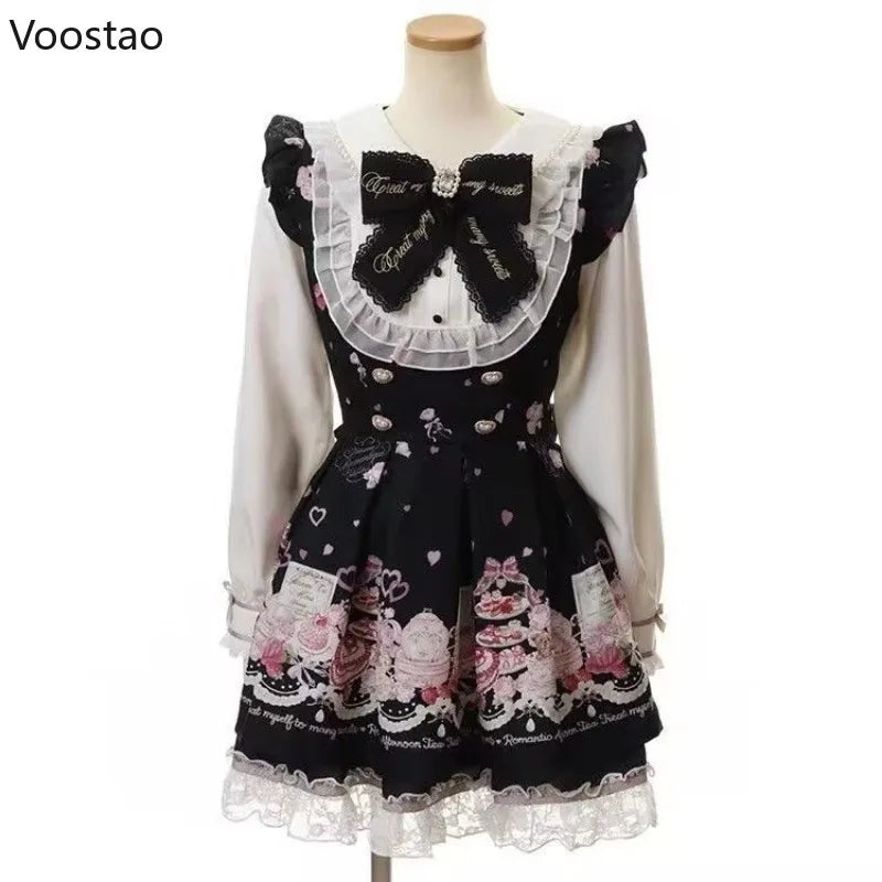 Japanese Kawaii Lolita Rhinestone Bow Dress Set Women Sweet Cartoon Print Lace Pearl Shirt Dress Gothic Y2k Tea Party Dresses