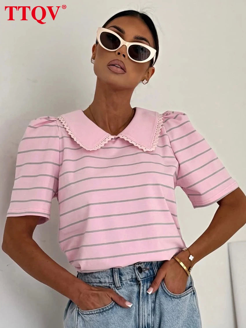 TTQV Summer Loose Stripe Print Women's T-Shirt 2026 Fashion Lapel Short Sleeve T Shirts Elegant Classic Top Female Clothing