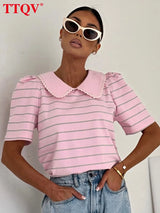 TTQV Summer Loose Stripe Print Women's T-Shirt 2026 Fashion Lapel Short Sleeve T Shirts Elegant Classic Top Female Clothing