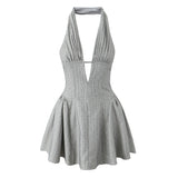 Sexy Women Gray Diamond Dot V Neck Pleated Ruched Halter Dress Backless Slim Low Waist Swing Ball Gown Short Dresses Robe