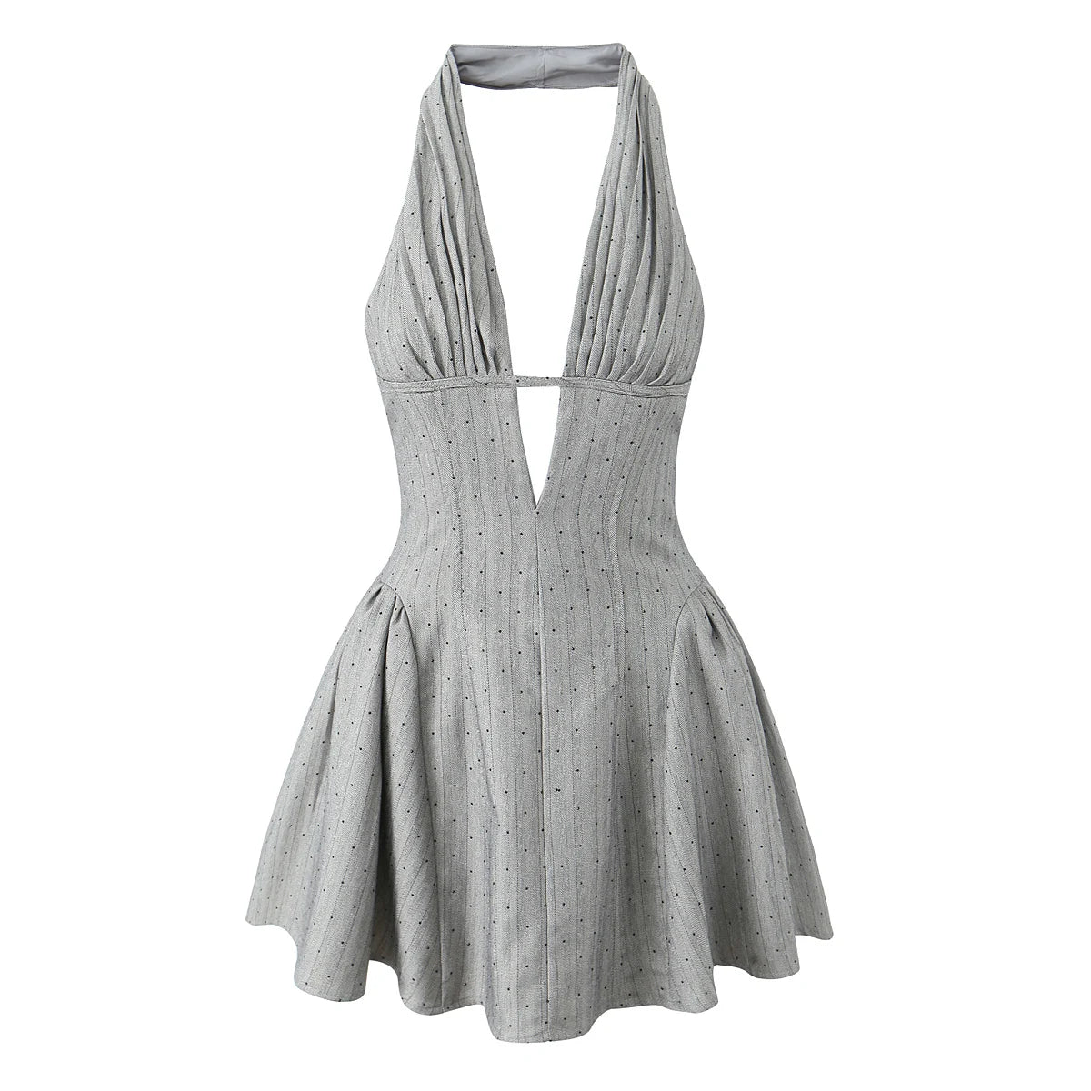 Sexy Women Gray Diamond Dot V Neck Pleated Ruched Halter Dress Backless Slim Low Waist Swing Ball Gown Short Dresses Robe
