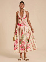 Elegant Floral Print Vacation Halter Backless Sexy Dress,Dresses For Women Summer