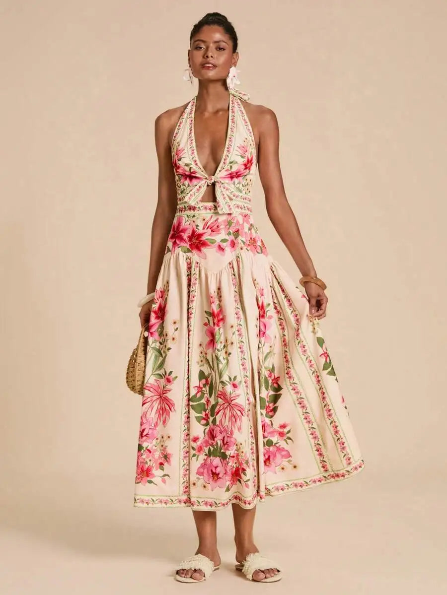Elegant Floral Print Vacation Halter Backless Sexy Dress,Dresses For Women Summer