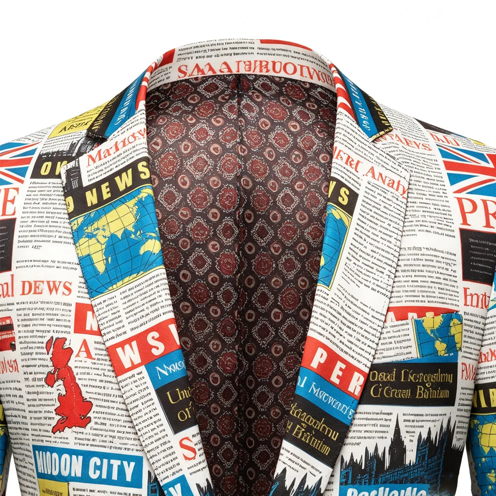 Men Newspaper World Map Printed Blazer Black Peak Lapel Slim Fit Jacket Wedding Groom Tuxedo For Party Prom