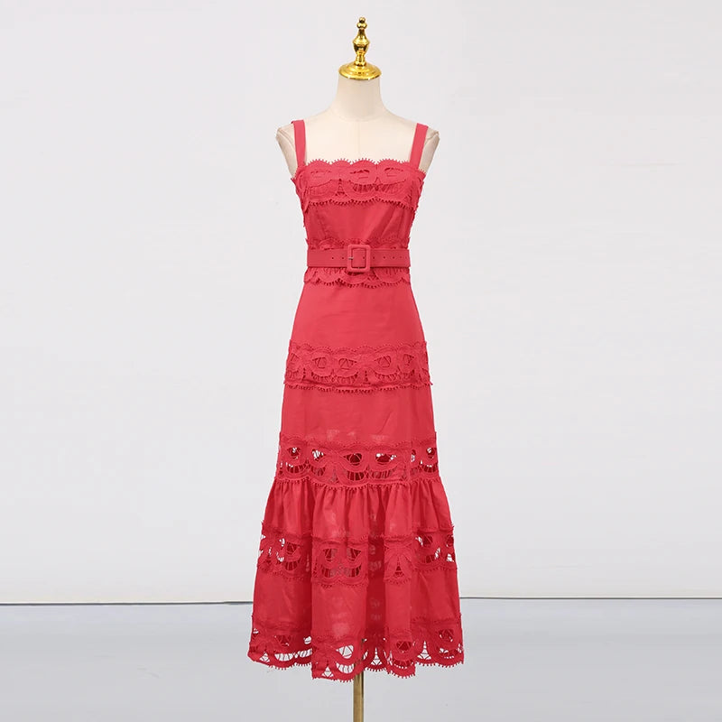 VGH Solid Elegant Spliced Hollow Out Dress for Women Square Collar Sleeveless Patchwork Sashes High Waist Bodycon Dresses Female