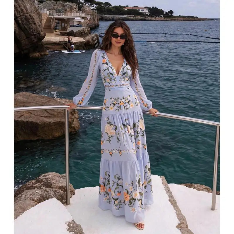 Flaxmaker Women Swimsuit Sets 2026 Summer V Neck Long Sleeves Printed Beachwear Ladies Party Swimwear Biquini conjunto de