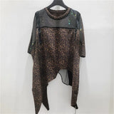 KUCLUT 2026 Summer New Faux Two-piece Mesh Patchwork Leopard Print Short-sleeve T-shirt For Women Loose Asymmetrical Tops 1A3719