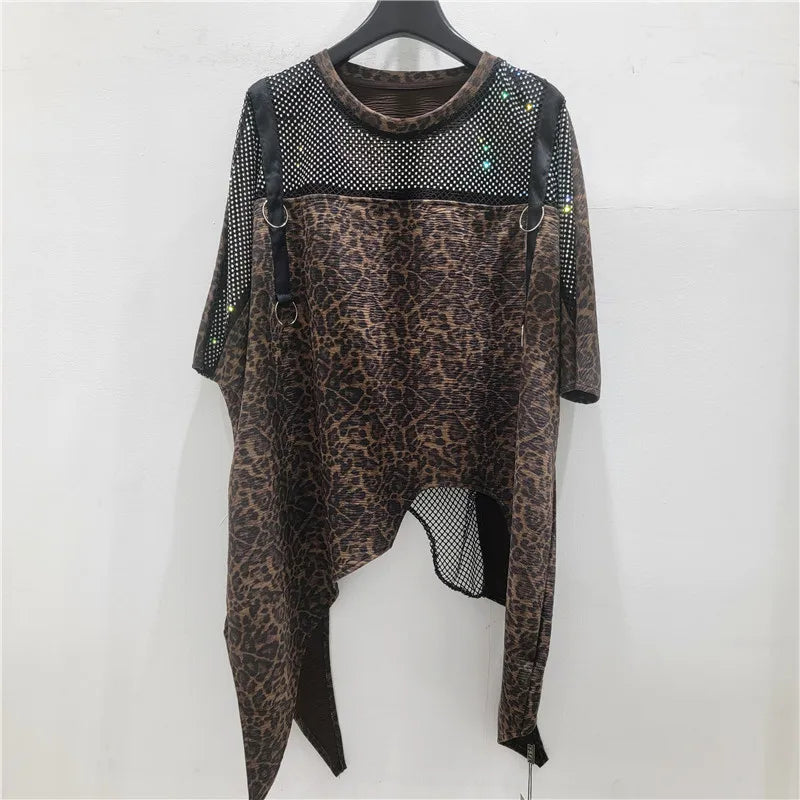 KUCLUT 2026 Summer New Faux Two-piece Mesh Patchwork Leopard Print Short-sleeve T-shirt For Women Loose Asymmetrical Tops 1A3719