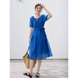 VIMLY Summer Women's Klein Blue Dress 2026 New Short Sleeve A-Line French Tie Waist Puff Sleeve Midi Dresses A5229