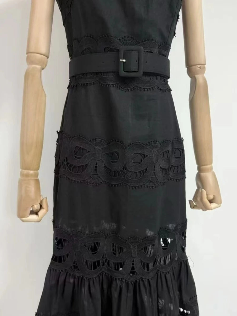 VGH Solid Elegant Spliced Hollow Out Dress for Women Square Collar Sleeveless Patchwork Sashes High Waist Bodycon Dresses Female