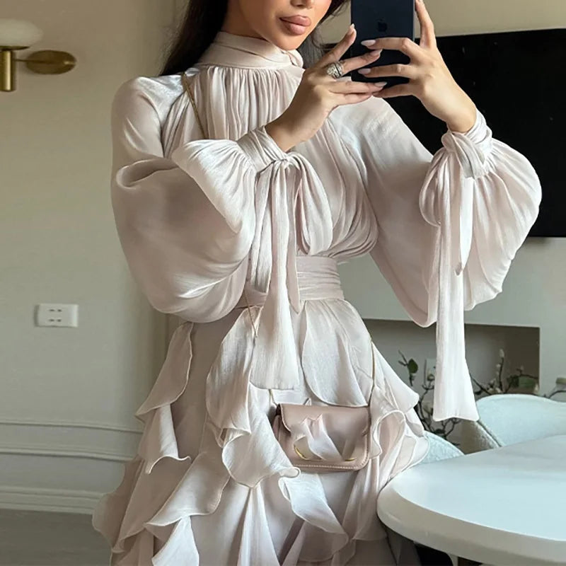 Fashion High Waist Pleat Party Dress Lady Casual High Collar Layered Banquet Dress Elegant Long Sleeve Solid Color Evening Dress