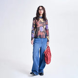 MOVEUP Long-Sleeve T-Shirt 2026 Spring New Stand Collar Printed Lightweight Mesh Base Slim Fit Short Women's Top 3ELC10553