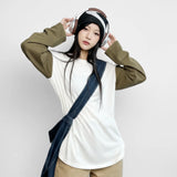 Maden Women's Lightweight Color Block Long Sleeve T Shirt Loose Fit Casual Crewneck Layering Spring Ivory Top
