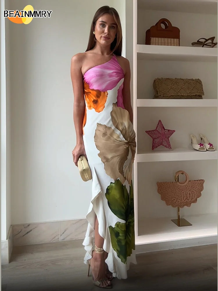  Fashion Printed Curling Edge Dresses Chic Irregular Neck Off Shoulder Open Fork Gown New Women Summer Cocktail Party Vestido