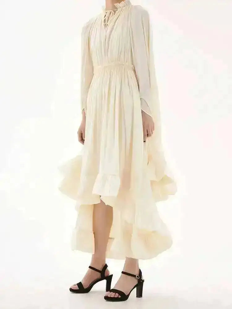 LGRQ Trendy Ruffles Irregular Dresses Women's Cloak Sleeves Spliced Lace Loose Pleat Dress Luxury Female Tide Summer New 19J4498