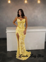 Yellow Sexy Lace Corset Strapless Maxi Gown With High Slit For Women Shiny Sleeveless Waist-cinching Dresses 2026 Party Gowns