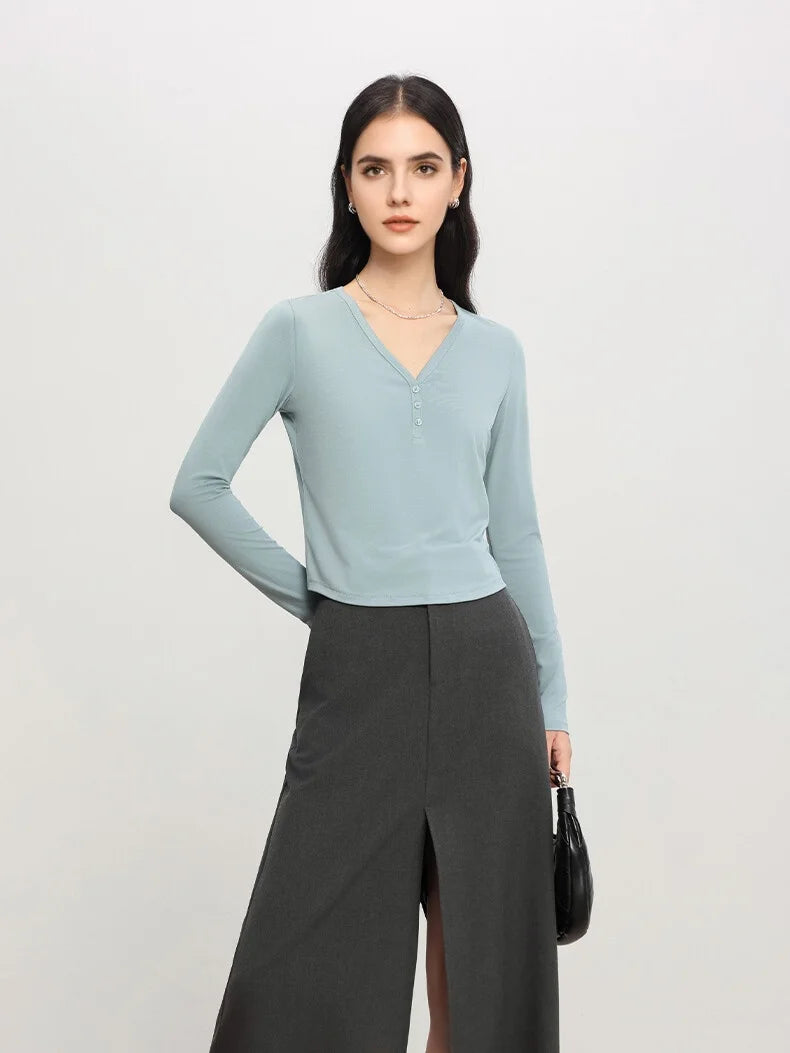 SuyaDream Women Solid Short T Shirts, Silk Viscose Blend, V Neck, Long Sleeved Tee, 2025 Spring Autumn Crop Top