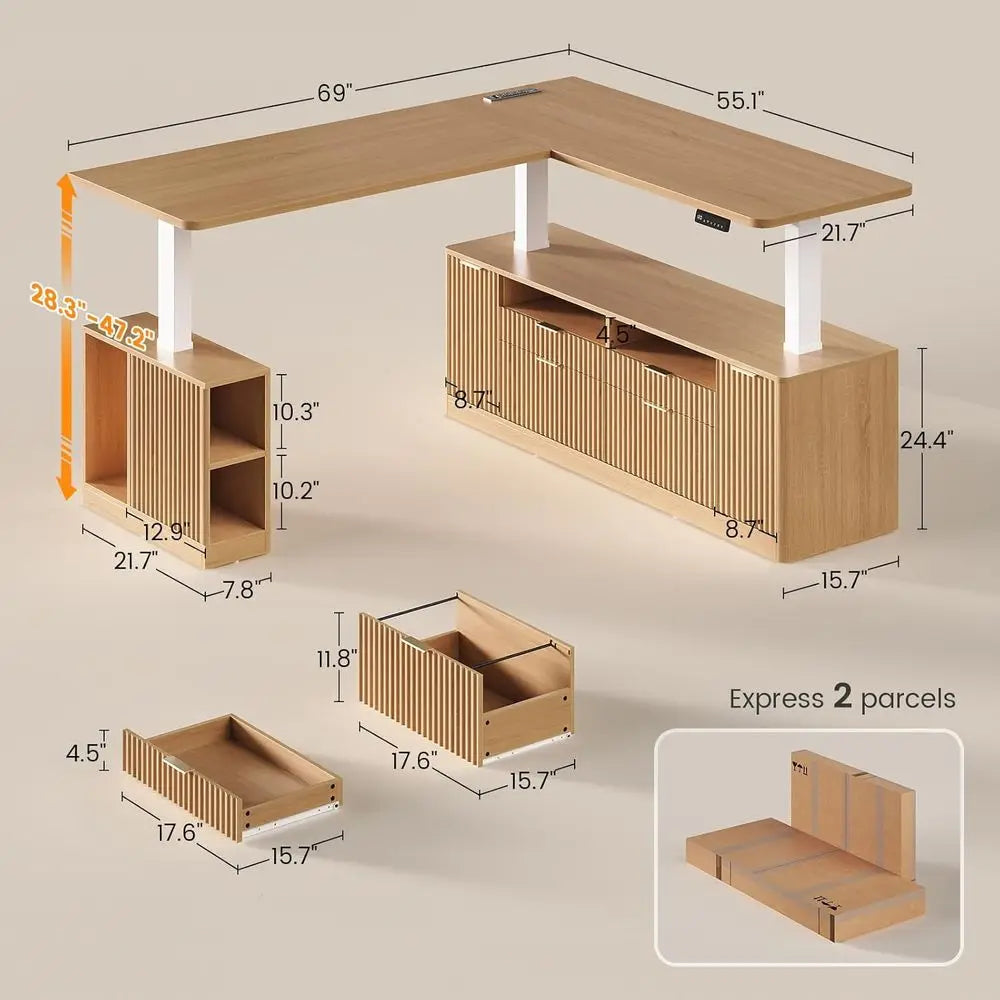 69 x 55 L-Shaped Electric Desk with 4 Drawers, Storage & Power Outlet, Oak Finish for Home Office