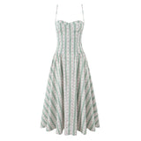 YENKYE Green Striped Floral Print Sexy Spaghetti Straps Dresses Women Elegant A-line Midi Vacation Party Dresses Summer Robe