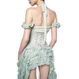 Women Sexy Short Dress Three Piece Sets Sexy Halter Neck Folds Ruffled Dress+Lace-up Corset Top+Shorts Suits Party Cocktail
