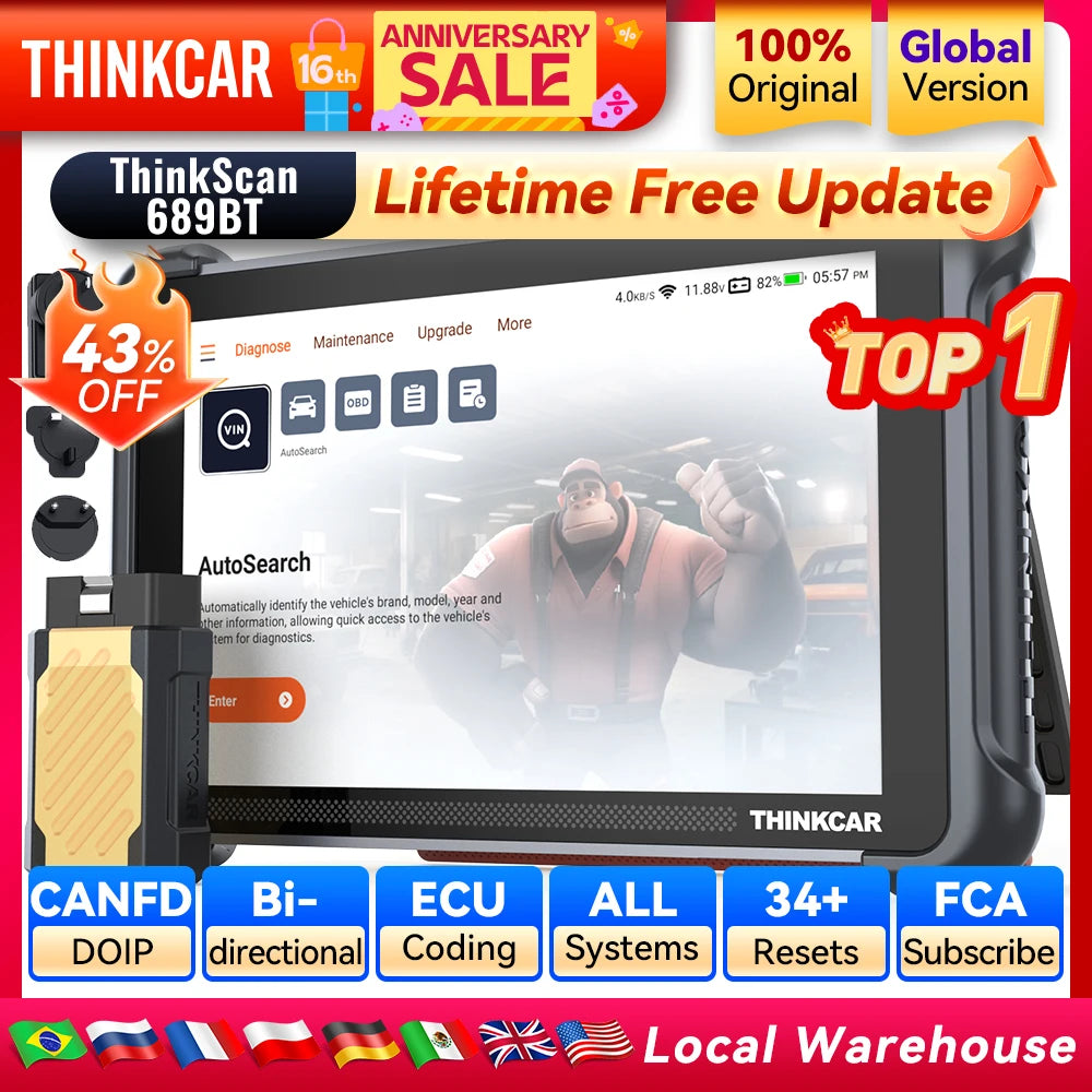 THINKCAR THINKSCAN 689BT Key Programming Bi-directional Automotive Diagnostic Tool ECU Coding CANFD DOIP 34 Resets Obd2 Scanner