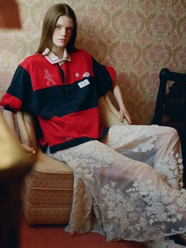 navy red striped Embroidered T-shirt women turn down collar half sleeve casual autumn Tshirt female new