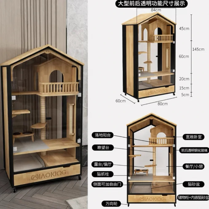 Meow Emperor Solid Wood Cat Cage Villa Small Household Cat House Front and Rear Transparent Glass Cat House Pet Shop Customizabl