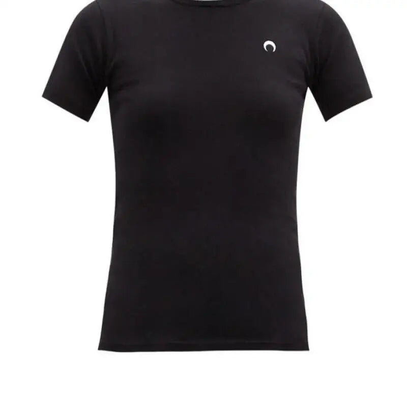 Retro Basic T Shirt Women Embroidered Moon European American Classic Short Sleeve Summer Slim Fit Elastic Crescent Round Neck