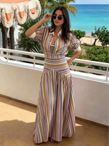 Multicolor Striped Shirt 2 Picec Set Button Front Blouse High Waist Flared Hem Maxi Skirt 2026 Summer Elegant Lady Vacation Suit