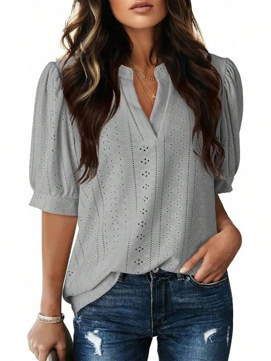 Womens Summer Casual V-Neck Short Sleeve Hollow Out Top