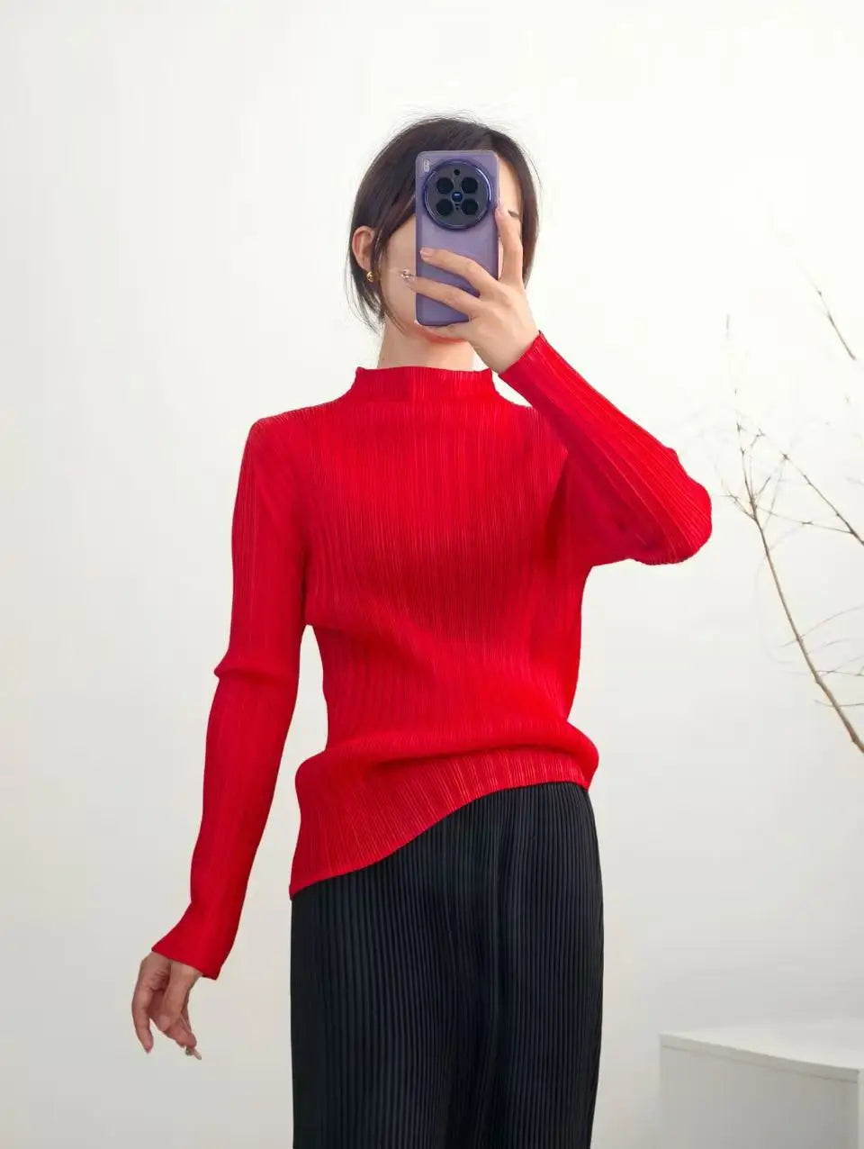 Miyake Pleated Turtle Neck Long Sleeve Top Stylish Black Lightweight Wrinkle Resistant Women's Casual Simple Fashion Shirt
