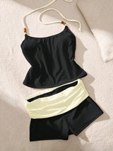 Women 2 Piece Tankini Bikinis Set Swimsuit Beaded Halter Sleeveless Tank Fold Over Waist Swim Shorts Bathing Suit Beach Swimwear