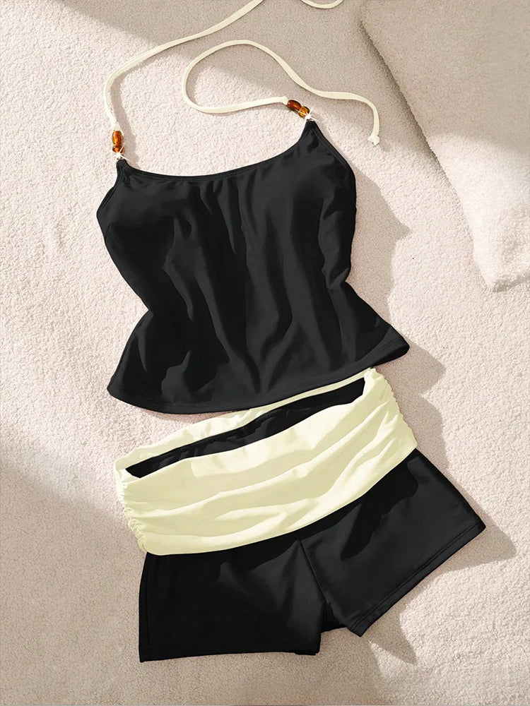 Women 2 Piece Tankini Bikinis Set Swimsuit Beaded Halter Sleeveless Tank Fold Over Waist Swim Shorts Bathing Suit Beach Swimwear