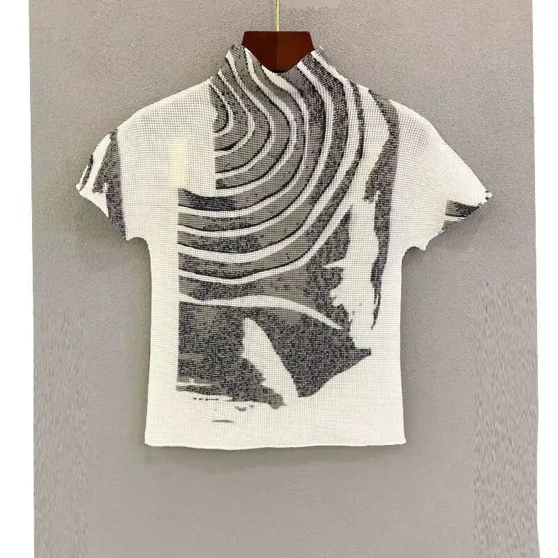GVUW Printing Pleated T Shrit Woman Turtleneck Short Sleeve Pullover Elastic Slim Fit Tops High Street 2025 New Summer 17G1040