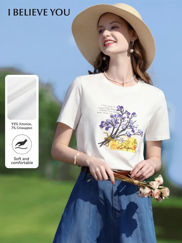 I BELIEVE YOU Beads Embroidered T-shirt Female 2025 Summer Letter Printing Casual Top Short Sleeve Cool Cotton Tees 2251015989