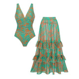 Flaxmaker Women Swimsuit Set(s) Sexy V Neck Vintage Printed Swimsuit V-neck Brown stripes Printed Beachwear Biquini conjunto de