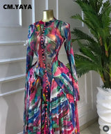 CM.YAYA Women O-neck Full Sleeve Big Swing Tie Dye Print Long Dress 2026 Sexy Beach Party Evening Vacation Maxi Dresses Vestidos