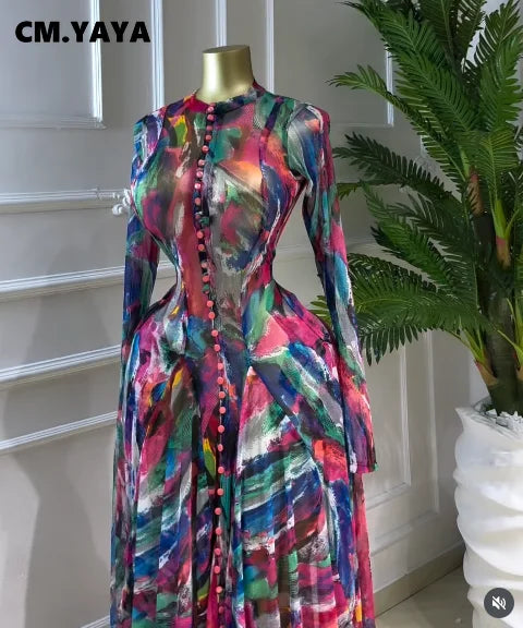 CM.YAYA Women O-neck Full Sleeve Big Swing Tie Dye Print Long Dress 2026 Sexy Beach Party Evening Vacation Maxi Dresses Vestidos